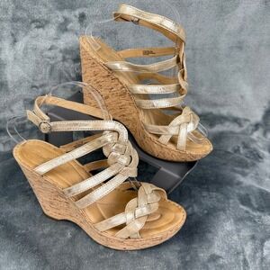 Born Crown Gold Metallic Woven Strappy Ankle Strap Cork Wedge Sandals Size 10‎